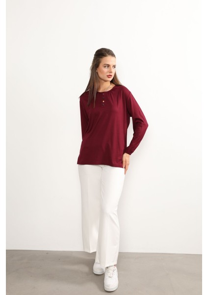 Kadın Likralı Orta Yaş ve Üzeri Dört Mevsim Anne Penye Bluz Düğme Desenli Lastikli Kol Bordo - 2xl fiyatları