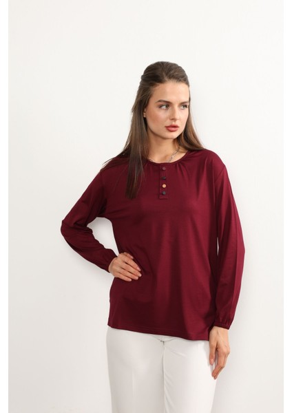 Kadın Likralı Orta Yaş ve Üzeri Dört Mevsim Anne Penye Bluz Düğme Desenli Lastikli Kol Bordo - 2xl modelleri