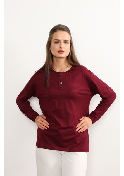 Kadın Likralı Orta Yaş ve Üzeri Dört Mevsim Anne Penye Bluz Düğme Desenli Lastikli Kol Bordo - 2xl fırsatları