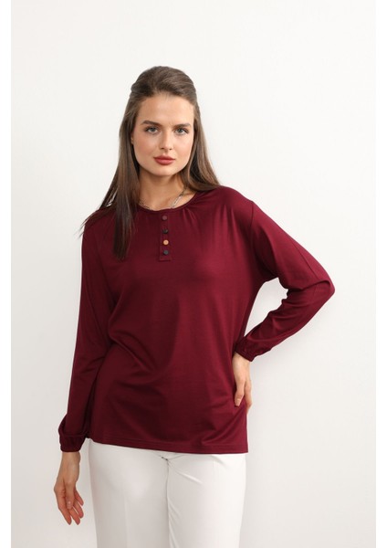 Kadın Likralı Orta Yaş ve Üzeri Dört Mevsim Anne Penye Bluz Düğme Desenli Lastikli Kol Bordo - 2xl indirimleri