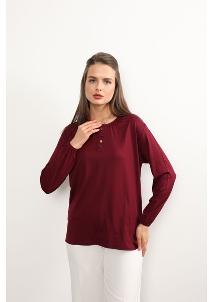 Kadın Likralı Orta Yaş ve Üzeri Dört Mevsim Anne Penye Bluz Düğme Desenli Lastikli Kol Bordo - 2xl
