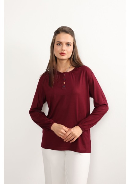 Kadın Likralı Orta Yaş ve Üzeri Dört Mevsim Anne Penye Bluz Düğme Desenli Lastikli Kol Bordo - 2xl