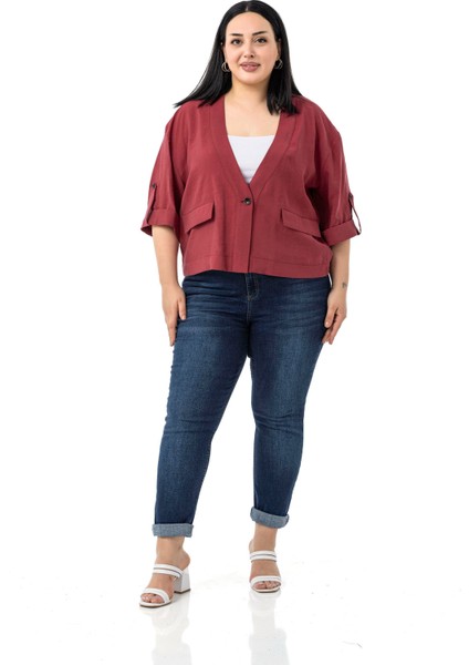 Büyük Beden Tek Düğmeli Düşük Yarım Kollu Apoletli Cepli Kısa Bordo Ceket