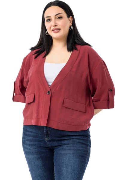 Büyük Beden Tek Düğmeli Düşük Yarım Kollu Apoletli Cepli Kısa Bordo Ceket fiyatları