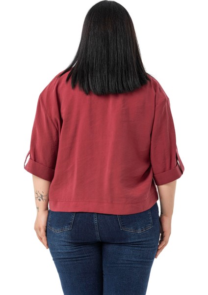 Büyük Beden Tek Düğmeli Düşük Yarım Kollu Apoletli Cepli Kısa Bordo Ceket modelleri