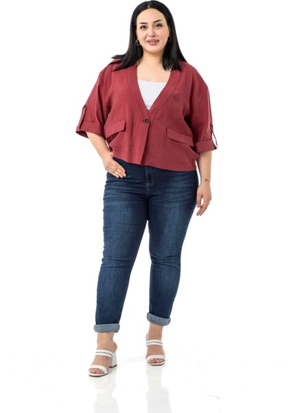 Büyük Beden Tek Düğmeli Düşük Yarım Kollu Apoletli Cepli Kısa Bordo Ceket fırsatları