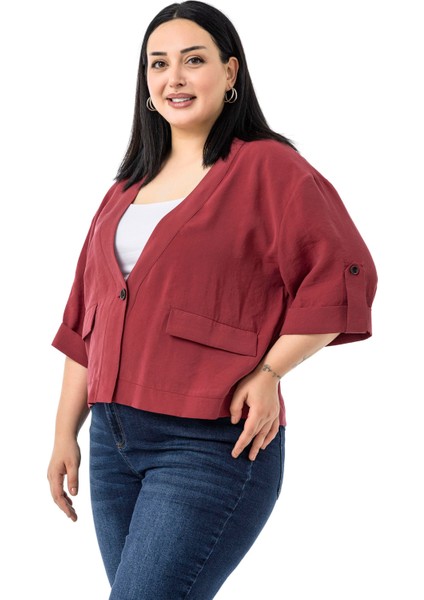 Büyük Beden Tek Düğmeli Düşük Yarım Kollu Apoletli Cepli Kısa Bordo Ceket indirimleri