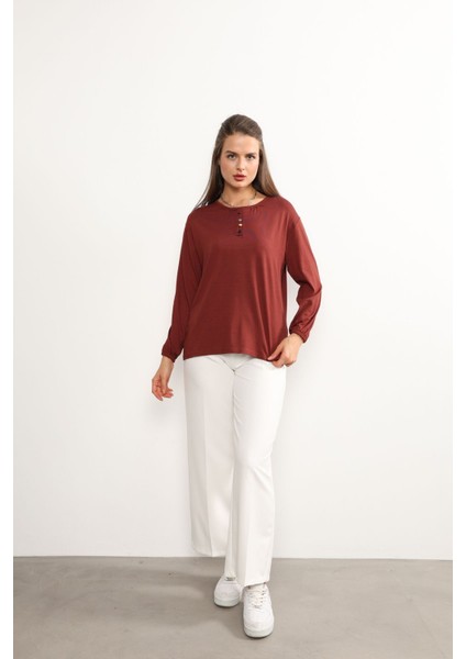 Kadın Likralı Orta Yaş ve Üzeri Dört Mevsim Anne Penye Bluz Düğme Desenli Lastikli Kol Kiremit - L