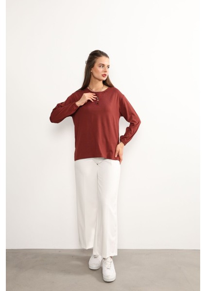 Kadın Likralı Orta Yaş ve Üzeri Dört Mevsim Anne Penye Bluz Düğme Desenli Lastikli Kol Kiremit - L fiyatları