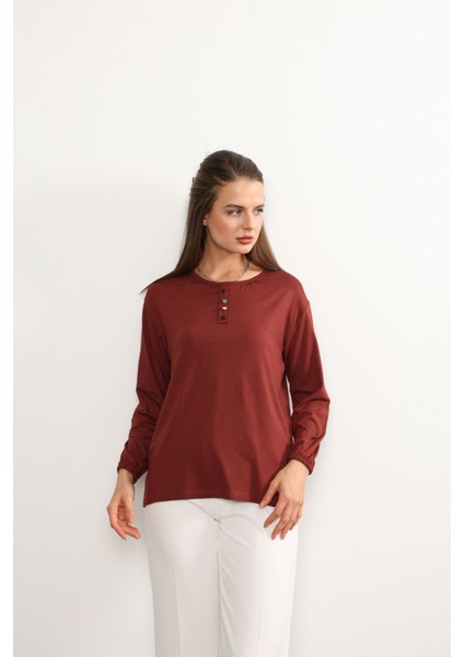 Kadın Likralı Orta Yaş ve Üzeri Dört Mevsim Anne Penye Bluz Düğme Desenli Lastikli Kol Kiremit - L modelleri