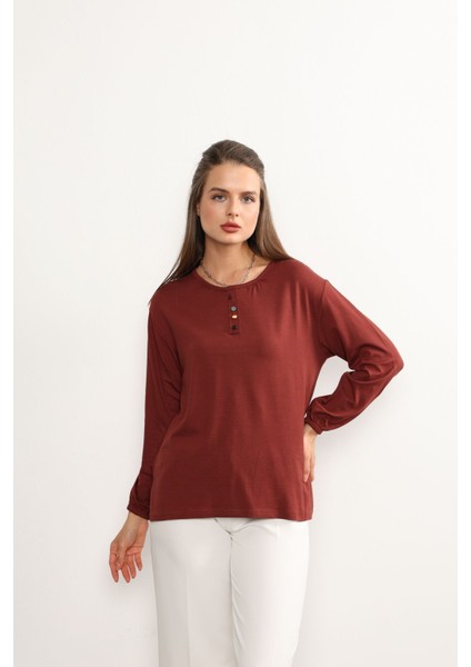 Kadın Likralı Orta Yaş ve Üzeri Dört Mevsim Anne Penye Bluz Düğme Desenli Lastikli Kol Kiremit - L indirimleri