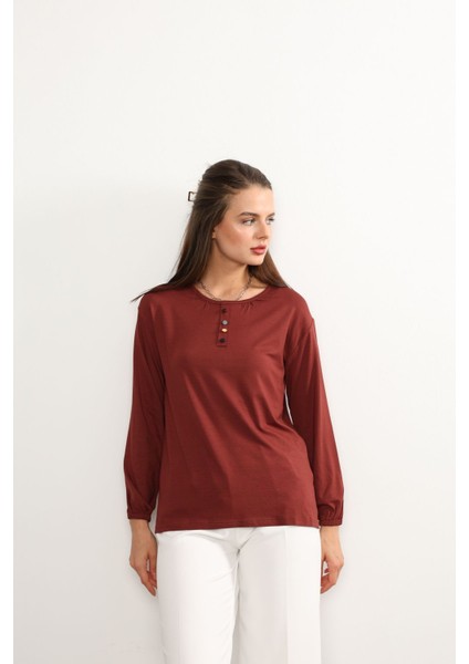 Kadın Likralı Orta Yaş ve Üzeri Dört Mevsim Anne Penye Bluz Düğme Desenli Lastikli Kol Kiremit - L