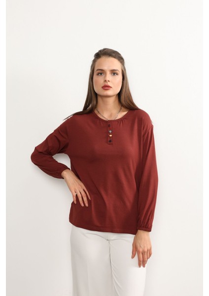 Kadın Likralı Orta Yaş ve Üzeri Dört Mevsim Anne Penye Bluz Düğme Desenli Lastikli Kol Kiremit - L