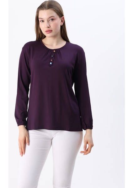 Kadın Likralı Orta Yaş ve Üzeri Dört Mevsim Anne Penye Bluz Düğme Desenli Lastikli Kol Mor - L