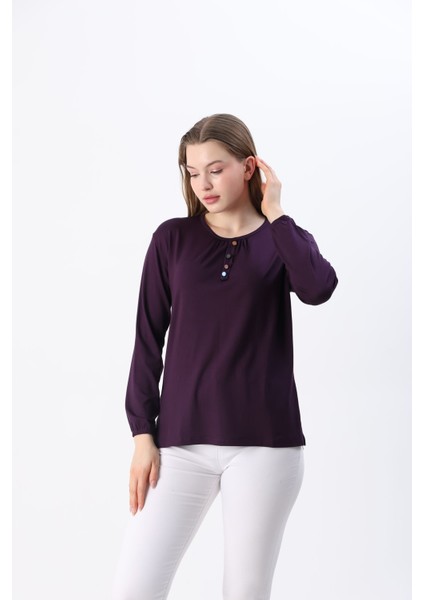 Kadın Likralı Orta Yaş ve Üzeri Dört Mevsim Anne Penye Bluz Düğme Desenli Lastikli Kol Mor - L fiyatları