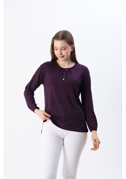 Kadın Likralı Orta Yaş ve Üzeri Dört Mevsim Anne Penye Bluz Düğme Desenli Lastikli Kol Mor - L fırsatları