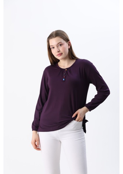 Kadın Likralı Orta Yaş ve Üzeri Dört Mevsim Anne Penye Bluz Düğme Desenli Lastikli Kol Mor - L indirimleri