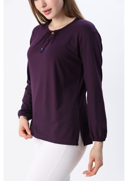 Kadın Likralı Orta Yaş ve Üzeri Dört Mevsim Anne Penye Bluz Düğme Desenli Lastikli Kol Mor - L