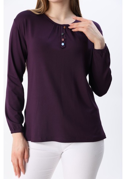 Kadın Likralı Orta Yaş ve Üzeri Dört Mevsim Anne Penye Bluz Düğme Desenli Lastikli Kol Mor - L