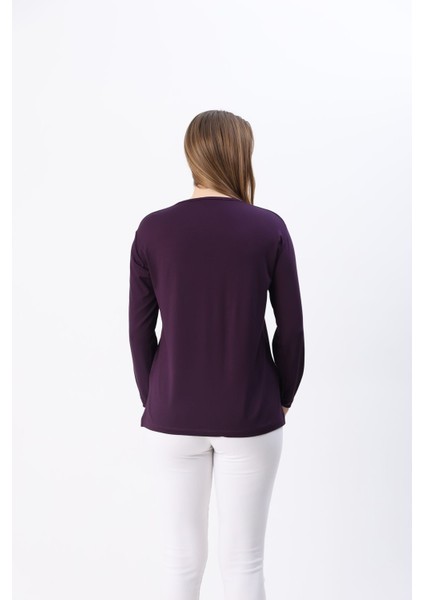 Kadın Likralı Orta Yaş ve Üzeri Dört Mevsim Anne Penye Bluz Düğme Desenli Lastikli Kol Mor - L