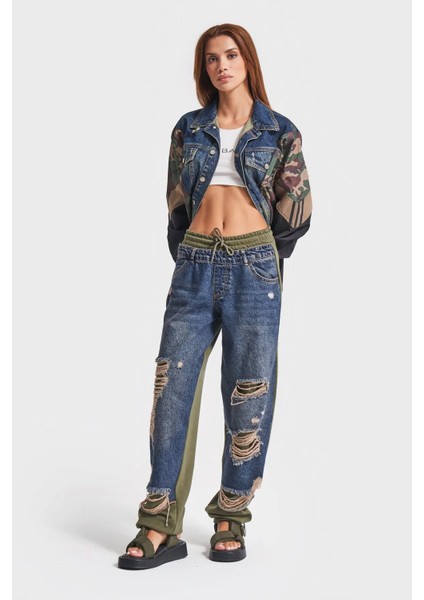 Kadın Tint Haki Lazer Detaylı Skater Jogger Fit Denim Jogger Kot Pantolon Baggy Model fırsatları