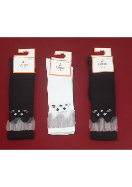 Kız Çocuk Dizaltı Kedi Desenli Okul Çorabı 3'lü Paket