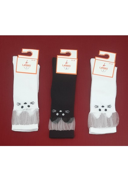 Kız Çocuk Dizaltı Kedi Desenli Okul Çorabı 3'lü Paket