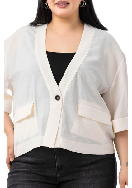 Büyük Beden Tek Düğmeli Düşük Yarım Kollu Apoletli Cepli Kısa Bej Rengi Ceket fırsatları