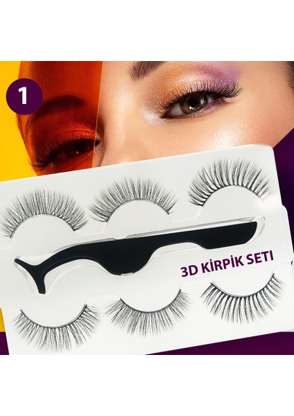 3'lü Kirpik & Cımbız Seti - 3D Ipek Kirpik & Takma Kirpik Cımbızı No: 1