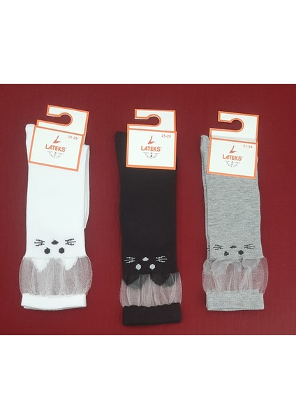 Kız Çocuk Dizaltı Kedi Desenli Okul Çorabı 3'lü Paket