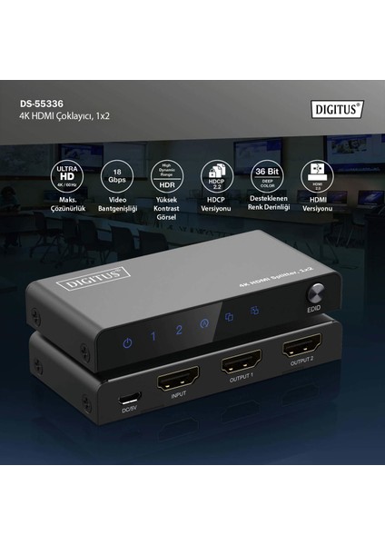Digitus DS-55336 1 Port Giriş 2 Port Çıkış HDMI 4K 60Hz Hdcp 2.2 Edıd Kontrol Çoklayıcı fiyatları