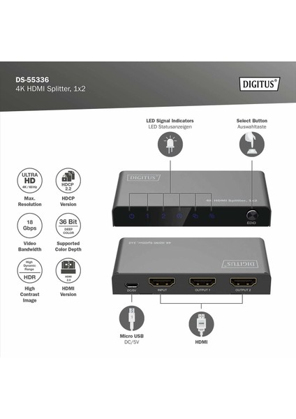 Digitus DS-55336 1 Port Giriş 2 Port Çıkış HDMI 4K 60Hz Hdcp 2.2 Edıd Kontrol Çoklayıcı fırsatları