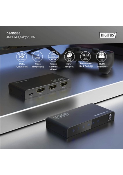 Digitus DS-55336 1 Port Giriş 2 Port Çıkış HDMI 4K 60Hz Hdcp 2.2 Edıd Kontrol Çoklayıcı