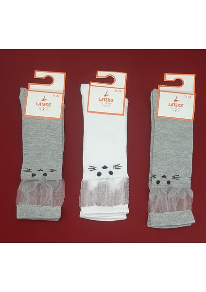 Kız Çocuk Dizaltı Kedi Desenli Okul Çorabı 3'lü Paket