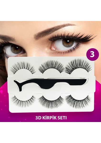 3'lü Kirpik & Cımbız Seti - 3D Ipek Kirpik & Takma Kirpik Cımbızı No: 3