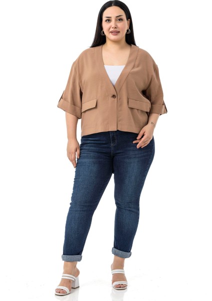 Büyük Beden Tek Düğmeli Düşük Yarım Kollu Apoletli Cepli Kısa Tarçın Ceket