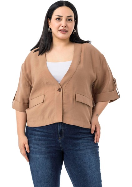 Büyük Beden Tek Düğmeli Düşük Yarım Kollu Apoletli Cepli Kısa Tarçın Ceket fiyatları