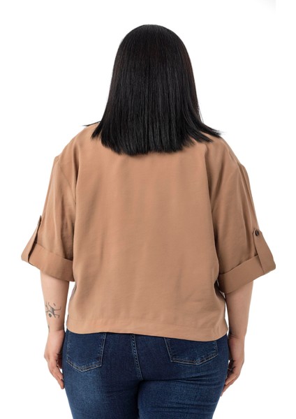 Büyük Beden Tek Düğmeli Düşük Yarım Kollu Apoletli Cepli Kısa Tarçın Ceket modelleri