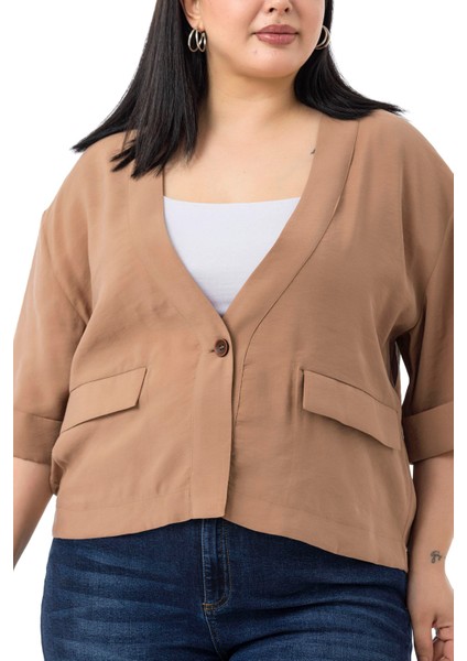 Büyük Beden Tek Düğmeli Düşük Yarım Kollu Apoletli Cepli Kısa Tarçın Ceket fırsatları