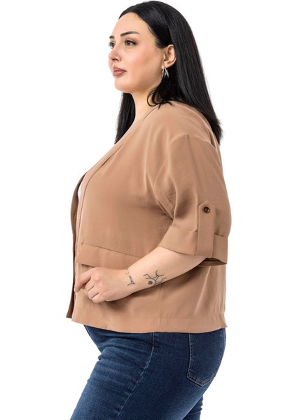 Büyük Beden Tek Düğmeli Düşük Yarım Kollu Apoletli Cepli Kısa Tarçın Ceket indirimleri