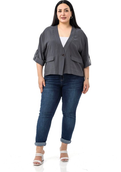 Büyük Beden Tek Düğmeli Düşük Yarım Kollu Apoletli Cepli Kısa Antrasit Ceket