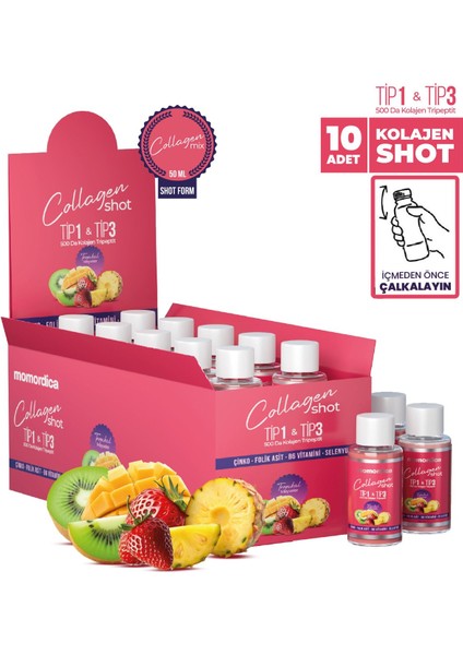 Kolajen Shot (Tripeptit 500 Da Tip 1 & Tip 3, Selenyum, Çinko, Folik Asit, B6 Vitamini) - 10 Adet