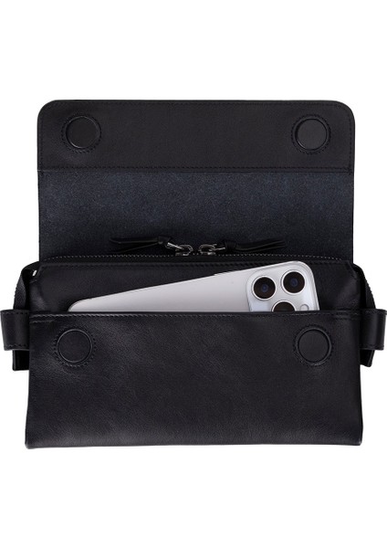 Prestige Hakiki Deri, El Yapımı, Telefon Bölmeli, Erkek El Çantası, Kömür Siyah