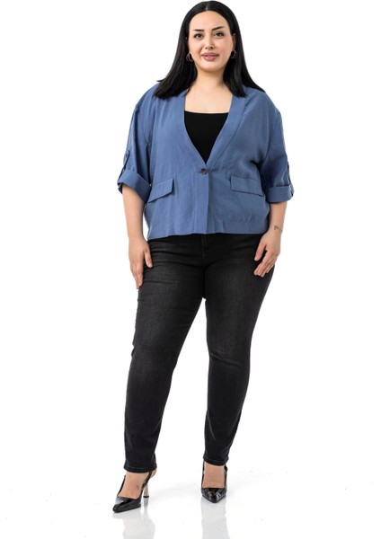 Büyük Beden Tek Düğmeli Düşük Yarım Kollu Apoletli Cepli Kısa Indigo Ceket
