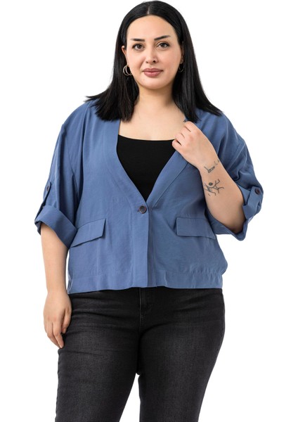 Büyük Beden Tek Düğmeli Düşük Yarım Kollu Apoletli Cepli Kısa Indigo Ceket fiyatları