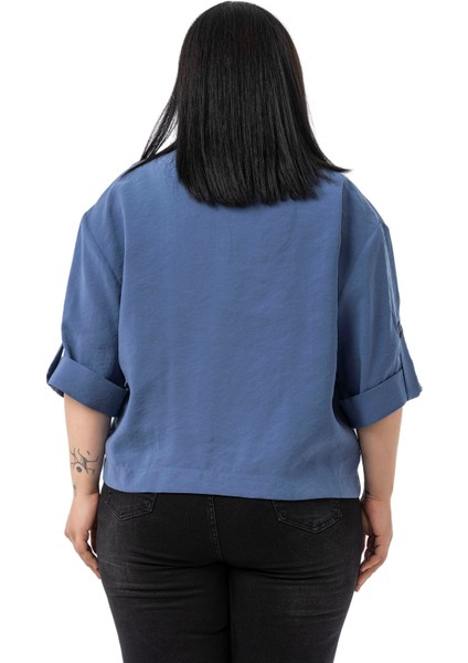 Büyük Beden Tek Düğmeli Düşük Yarım Kollu Apoletli Cepli Kısa Indigo Ceket modelleri