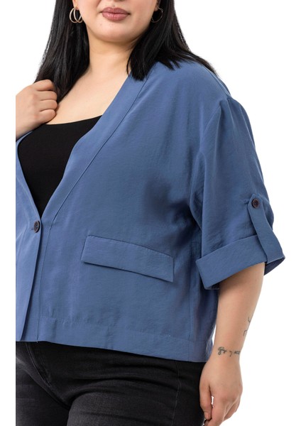 Büyük Beden Tek Düğmeli Düşük Yarım Kollu Apoletli Cepli Kısa Indigo Ceket fırsatları