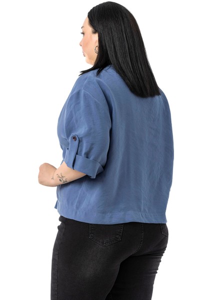 Büyük Beden Tek Düğmeli Düşük Yarım Kollu Apoletli Cepli Kısa Indigo Ceket indirimleri