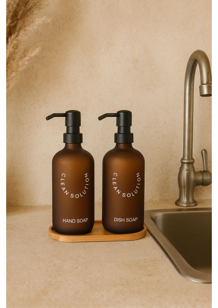 2' Li Amber Bambu Altlıklı Cam Sıvı Sabunluk Seti 500 ml - Bambu Standlı Sabunluk Seti