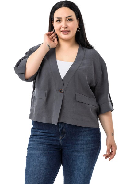Büyük Beden Tek Düğmeli Düşük Yarım Kollu Apoletli Cepli Kısa Antrasit Ceket fiyatları